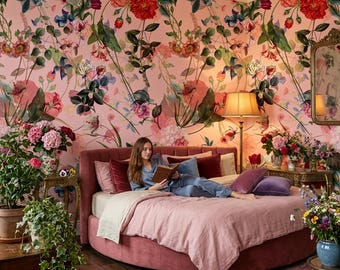 Rosa Blumentapete, botanisches Wandbild mit gemalten Blumen auf rosa Hintergrund, schälen und aufkleben selbstklebend oder traditionelles Vinyl