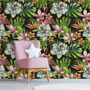 Dschungel abnehmbare Tapete mit Flamingo und Chamäleon, peel and stick Wand Wandbild, abnehmbare Tapete, Wohnkultur