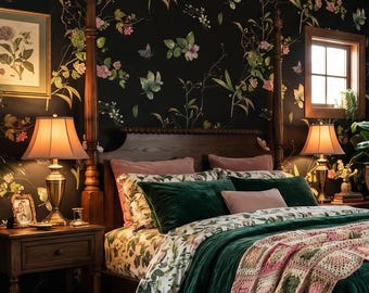 Black floral wallpaper, botanical wall mural, dark floral pattern, home decor, self adhesive peel and stick or traditional vinyl