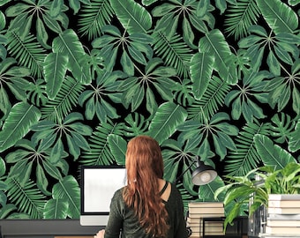 Tropical leaves wallpaper, banana and palm leaf print, night jungle, tropical wallpaper, removable wallpaper