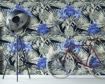 Hibiscus & pineapples wallpaper, peel and stick wall mural, vintage floral mural, dark jungle pattern, temporary wallpaper