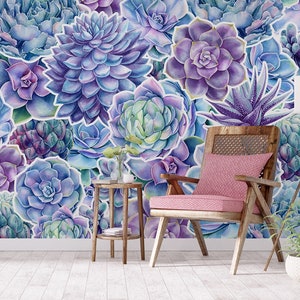 Watercolor floral purple wallpaper, wall mural, self adhesive, peel and stick, removable or traditional, vinyl wallpaper