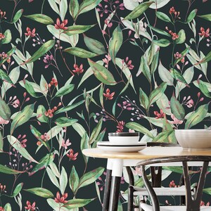 Blooming eucalyptus wallpaper, self adhesive removable wallpaper, watercolor wall mural, temporary wallpaper, peel and stick wallpaper