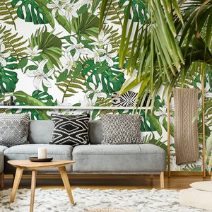 Removable tropical wallpaper with palm leaves & flowers, peel and stick floral wall mural, palm leaf print wall decor