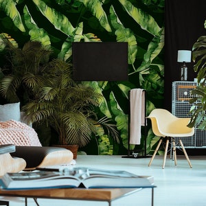 Dark tropical wallpaper with banana leaf, peel and stick wall mural, watercolor removable wallpaper, floral home decor