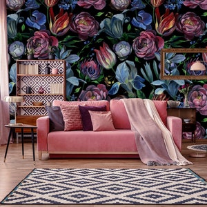 Beautiful watercolor flowers, removable wallpaper, dark floral wallpaper, temporary wallpaper, temporary wallpaper, peel and stick wallpaper