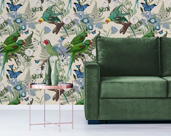 Tropische tuinmuurschildering, vogelsbehang, bloemen en bladeren, zelfklevend, peel and stick, verwijderbaar of traditioneel, vinylbehang