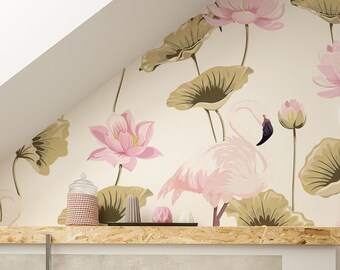 Mönster med rosa lotusblomma och flamingo fågel, självhäftande tapet, avtagbar, väggdekor