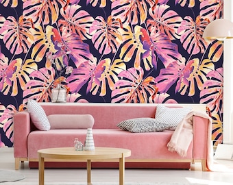 Pink monstera leaves wallpaper, peel and stick wall mural with tropical pattern, peel and stick wallpaper mural, home decor