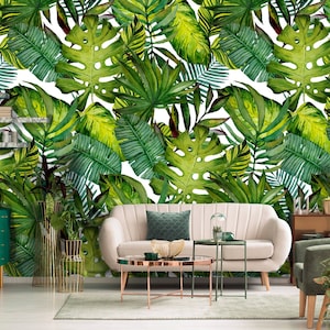 Green jungle watercolor wallpaper, temporary floral wall mural, botanical print set, leaf art peel and stick wallpaper#