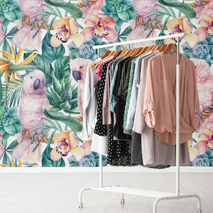 Tropical wallpaper flowers and parrots, peel and stick watercolor wall mural, self adhesive, removable bird wallpaper, wall decor
