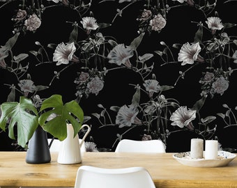 Black wallpaper with flowers, peel and stick wall mural, removable dark floral mural, floral home decor