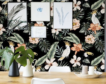 Dark tropical wallpaper with birds and flowers, peel and stick wall mural, floral removable wallpaper, home decor