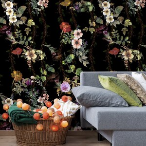 Dark botanic wallpaper, self adhesive wallpaper, watercolor floral wall art, peel and stick removable wallpaper, wall decor