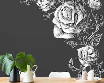 Floral wallpaper with hand drawn roses, peel and stick wall mural, removable temporary wallpaper, home decor