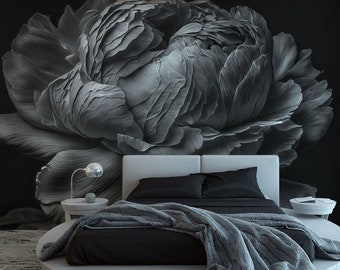 Dark grayscale peony flower wallpaper, floral wall mural, self adhesive, peel and stick, removable or traditional, vinyl wallpaper