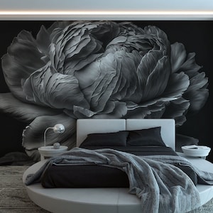 Dark grayscale peony flower wallpaper, floral wall mural, self adhesive, peel and stick, removable or traditional, vinyl wallpaper