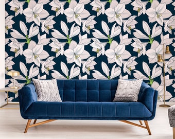 White flowers wallpaper, peel and stick wall mural, temporary removable wallpaper, dark floral wall mural, wall decor, home decor