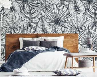 Monochrome leaves wallpaper, peel and stick wall mural, black and white wall mural, leaf art, temporary removable wallpaper