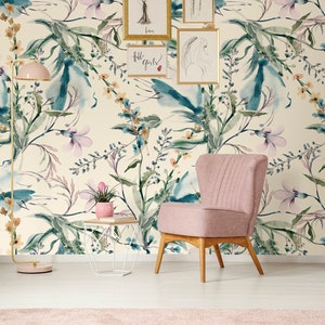 Papel pintado de flores de campo, mural de pared de pelar y pegar, papel pintado temporal extraíble, patrón de acuarela, decoración del hogar