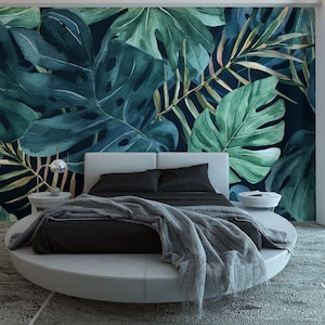 Tropical lleaves wallpaper, various green leaves wall mural, self adhesive, peel and stick, removable or traditional, vinyl wallpaper