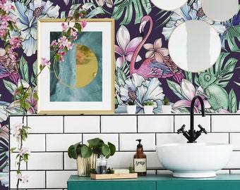 Tropische abnehmbare Tapete mit Flamingo und Chamäleon, Schälen und aufkleben Wandbild, abnehmbare Tapete, Wohndekor