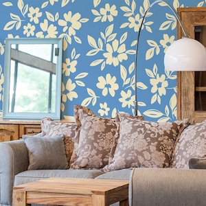 Blue retro floral wallpaper, flower pattern, botanical wall mural, self adhesive, peel and stick, removable or traditional, vinyl wallpaper