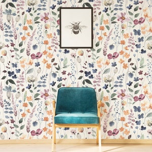 Rustic floral wallpaper, garden wallpaper, watercolor mural, self adhesive, peel and stick, removable or traditional, vinyl wallpaper