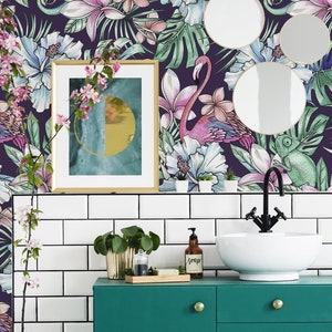 Tropical removable wallpaper with flamingo and chameleon, peel and stick wall mural, removable wallpaper, home decor