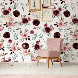 Watercolor floral wallpaper, removable peel and stick wall mural, floral home decor, temporary wallpaper, home decor