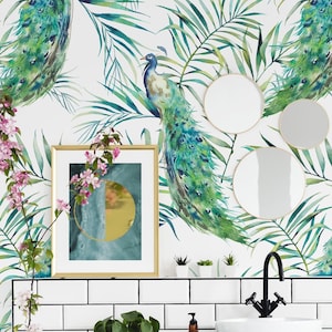 Floral wallpaper with peacocks and leaves, peel and stick wall mural, watercolor pattern, self adhesive removable wallpaper, wall decor