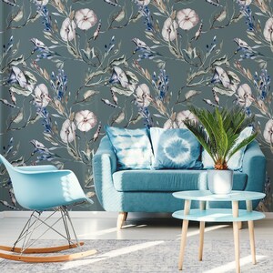 Removable botanical wallpaper, self adhesive wallpaper, dark floral wallpaper, watercolor pattern, wall mural, peel and stick wallpaper