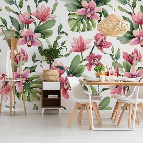 Watercolor floral wallpaper, removable wall mural, pattern with orchid flowers and monstera, floral wall sticker, temporary wallpaper