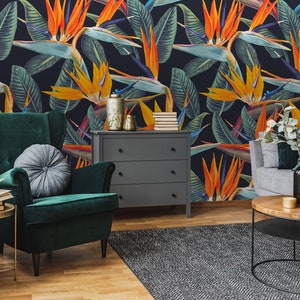 Dunkle tropische Tapete, Paradiesvogel selbstklebende Tapete, schälen und aufkleben, entfernbar oder traditionell, Vinyltapete