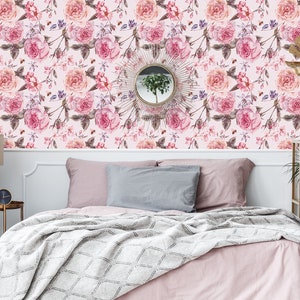 Pink blooming cherry flowers wallpaper, peel and stick vintage wall mural, floral watercolor wallpaper mural, wall decor