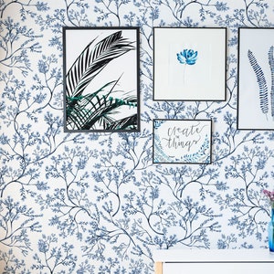 Wild blue flower wallpaper, botanical floral wallpaper, self adhesive, peel and stick, removable or traditional, vinyl wallpaper