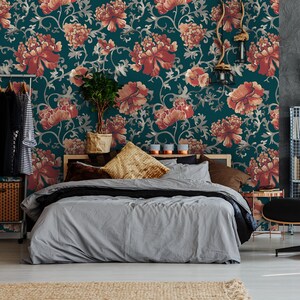 Red chrysanthemum wallpaper, peel and stick, dark floral wall mural, temporary removable wallpaper, flower wall decor, home decor