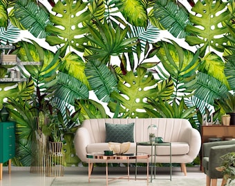 Green jungle watercolor wallpaper, temporary floral wall mural, botanical print set, leaf art peel and stick wallpaper#
