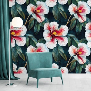 Tropical floral wallpaper, watercolor flowers on dark green background, self adhesive, peel and stick, removable or traditional wallpaper