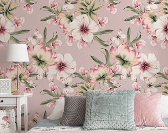 Pink flowers wallpaper,  watercolor botanical pattern wallpaper, self adhesive, peel and stick, removable or traditional, vinyl wallpaper