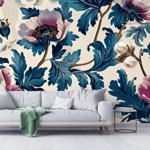 Beige floral wallpaper, vintage botanical wall mural, self adhesive, peel and stick, removable or traditional, vinyl wallpaper