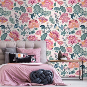 Folk wallpaper with floral pattern, peel and stick wall mural, removable floral wallpaper, flower wall decor, home decor