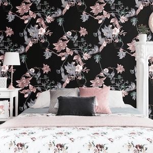 Abnehmbare dunkle Blumen Tapete, schälen und kleben Wand Wandbild, schwarze Tapete mit Aquarell Blumen muster, rosa Blumen Wohndekor