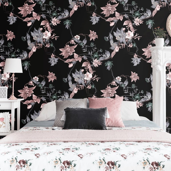 Black Floral Wallpaper Etsy