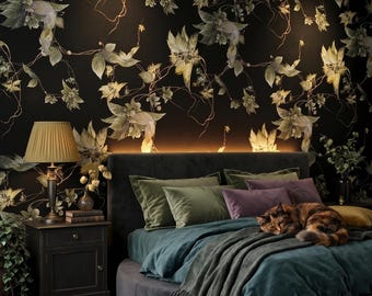 Watercolor leaves wallpaper, dark botanical wall mural, leaf wall art, home decor, self adhesive peel and stick or traditional vinyl