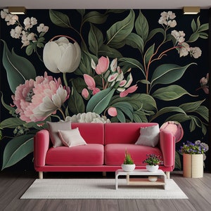Dark floral wallpaper, bouquet of flowers on dark background, self adhesive, peel and stick, removable or traditional, vinyl wallpaper