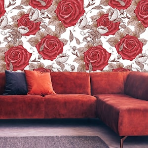 Vintage rote Rosen Tapete, abnehmbare Tapete, selbstklebende Tapete, florales Wandbild, Wanddeko