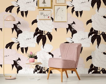 Pink & white flowers wallpaper, peel and stick wall mural, floral wall decor, temporary removable wallpaper, home decor
