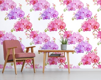 Aquarell Orchideen Tapete, Schälen und aufkleben Wandbild, Blumen Wanddekor, Aquarell Wandkunst, Temporäre entfernbare Tapete