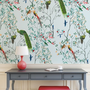 Blaue Chinoiserie-Tapete, florale Vintage-Tapete, exotische Vögel, selbstklebend, schälen und aufkleben, abnehmbar oder traditionell, Vinyl-Tapete
